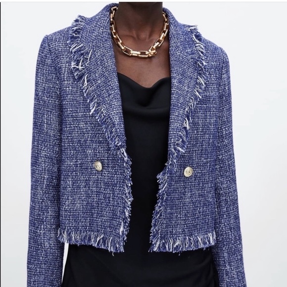 Zara Jackets & Coats Zara Blue Frayed Tweed Jacket Poshmark